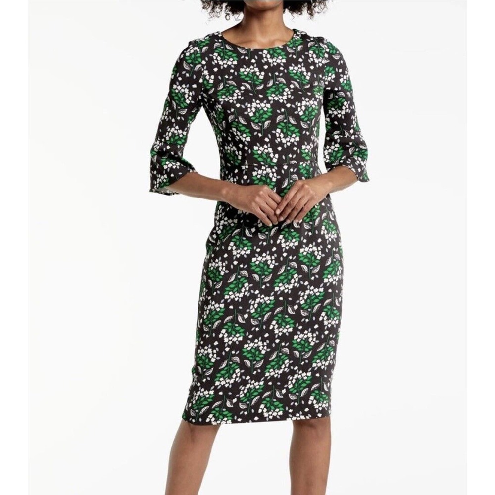 Boden Dress Women’s 6R Delia Pencil 3/4 Bell Sleeve Green Floral All Over Print